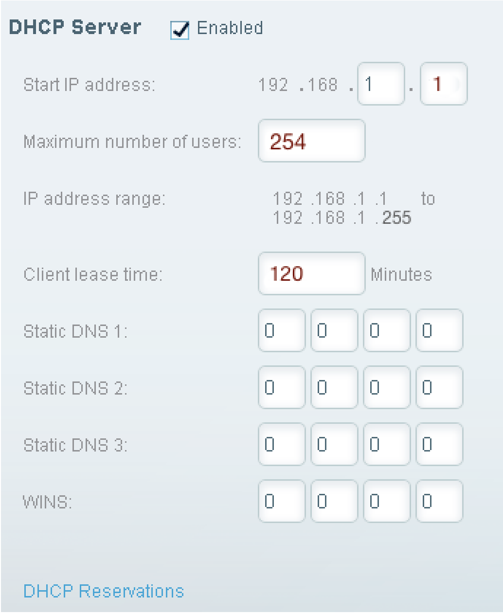 Linksys DHCP configuration panel