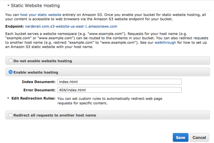 Configuring S3 bucket for static website hosting.